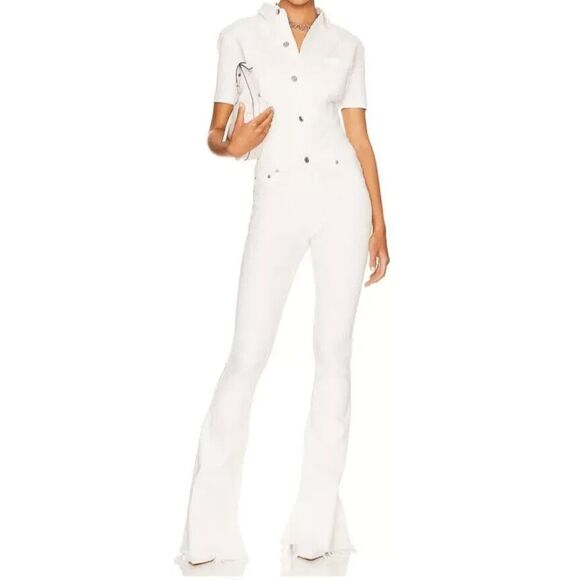SER.O.YA Fallon Jumpsuit Womens XS White Denim Flared Button Down Stretch Pocket - Picture 1 of 16